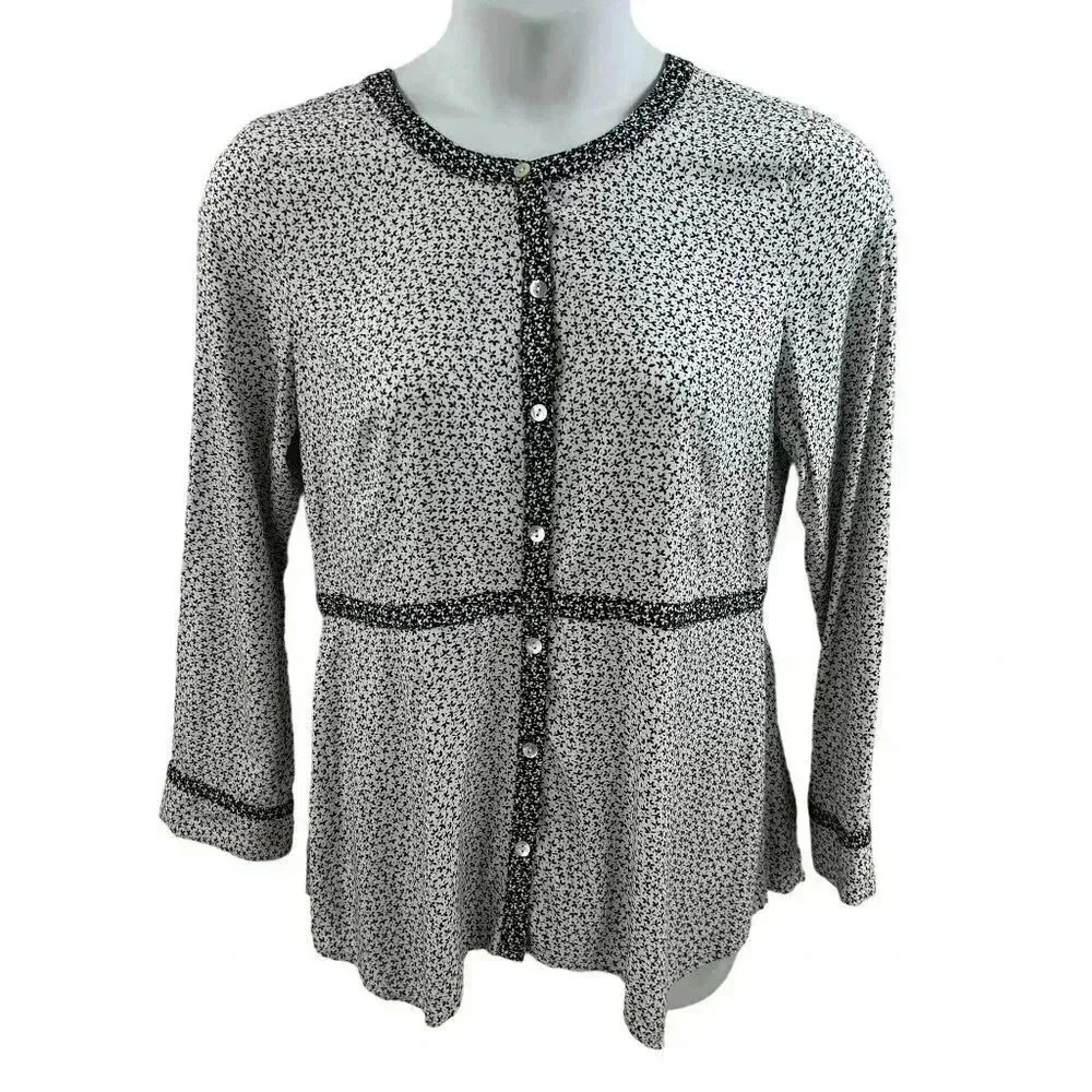 J. Jill Size M White Tossed Florette Dipped Hem Collarless Shirt Blouse Top